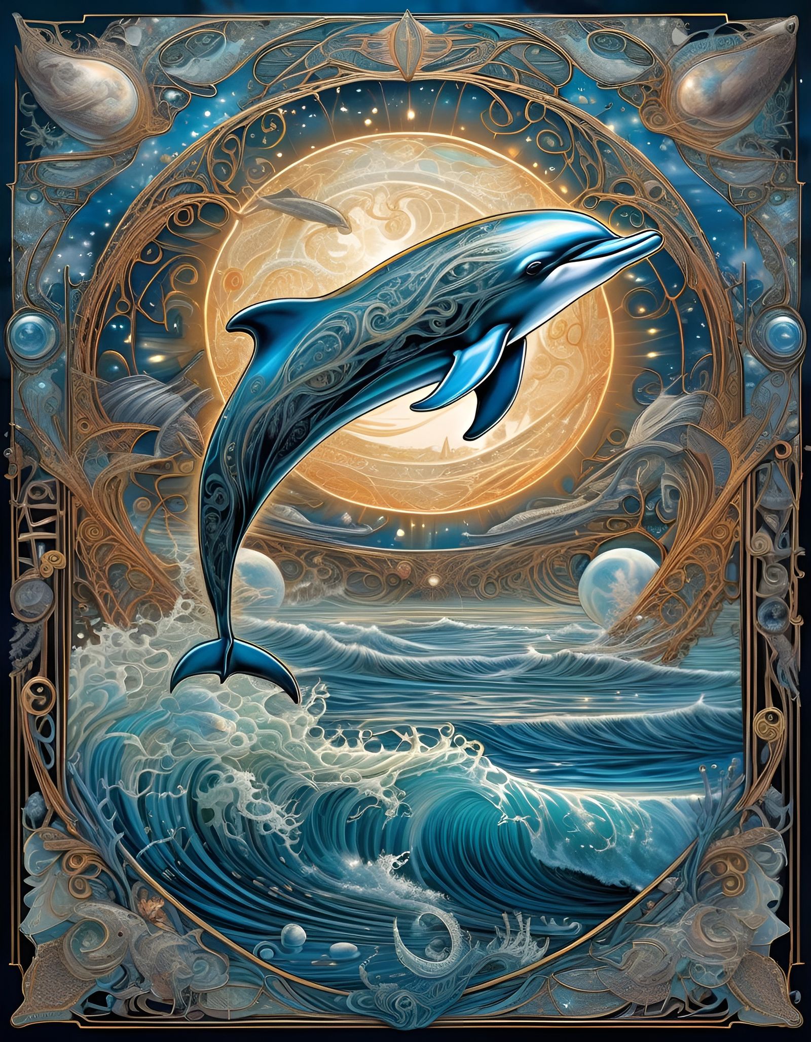 Mystical Dolphin Leaps Under Disintegrating Moon