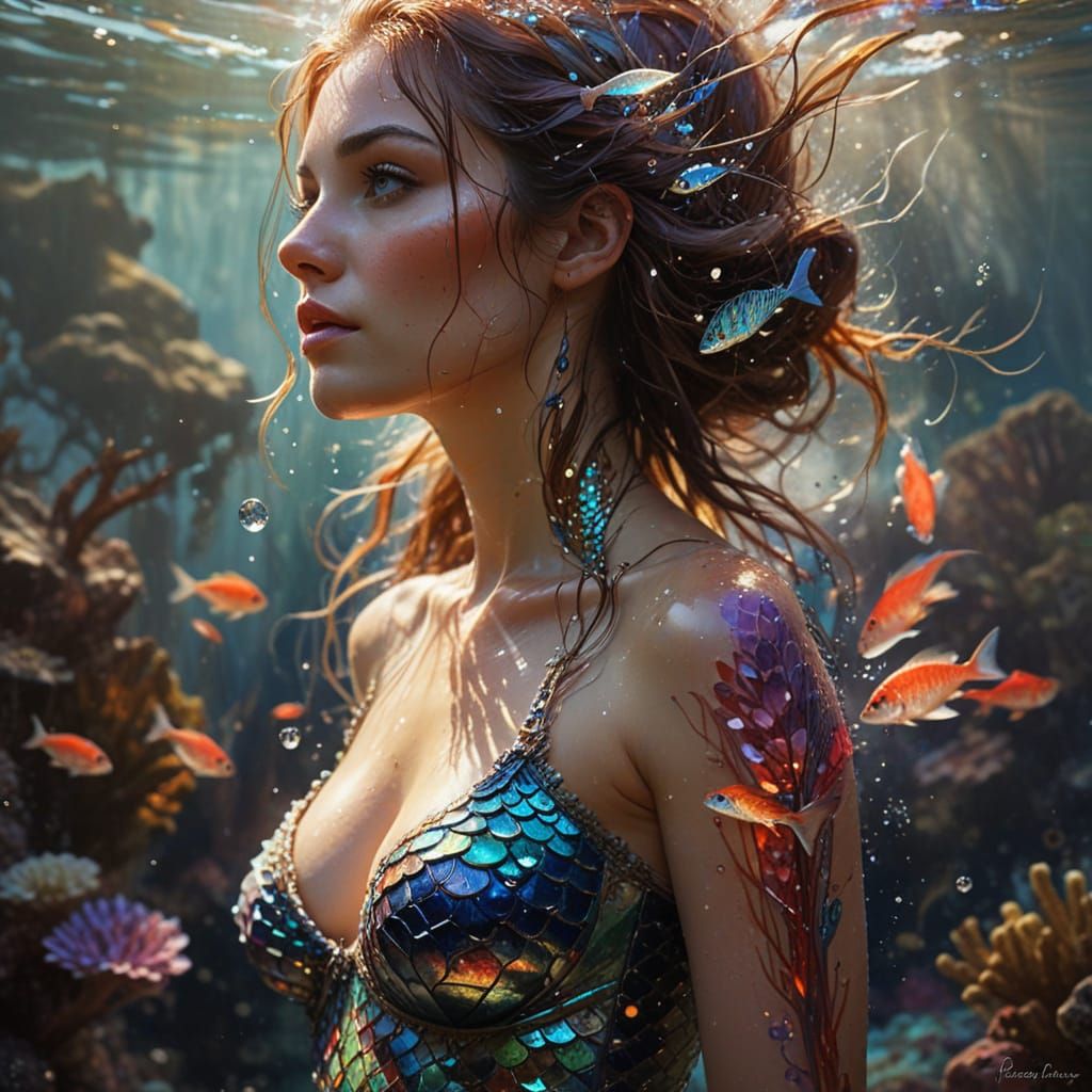 Iridescent Mermaid Portrait in Watercolor