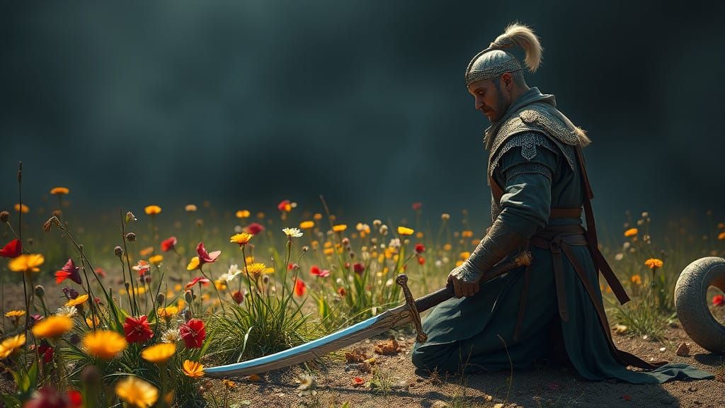 Warrior Contemplates Flowers Amidst Fallen Saber