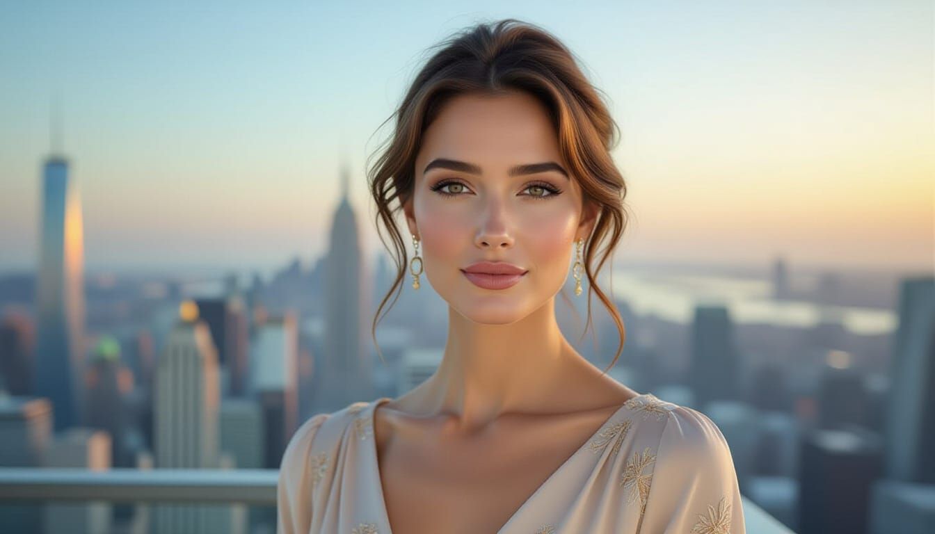 Elegant Woman in Cityscape with Dramatic Lighting