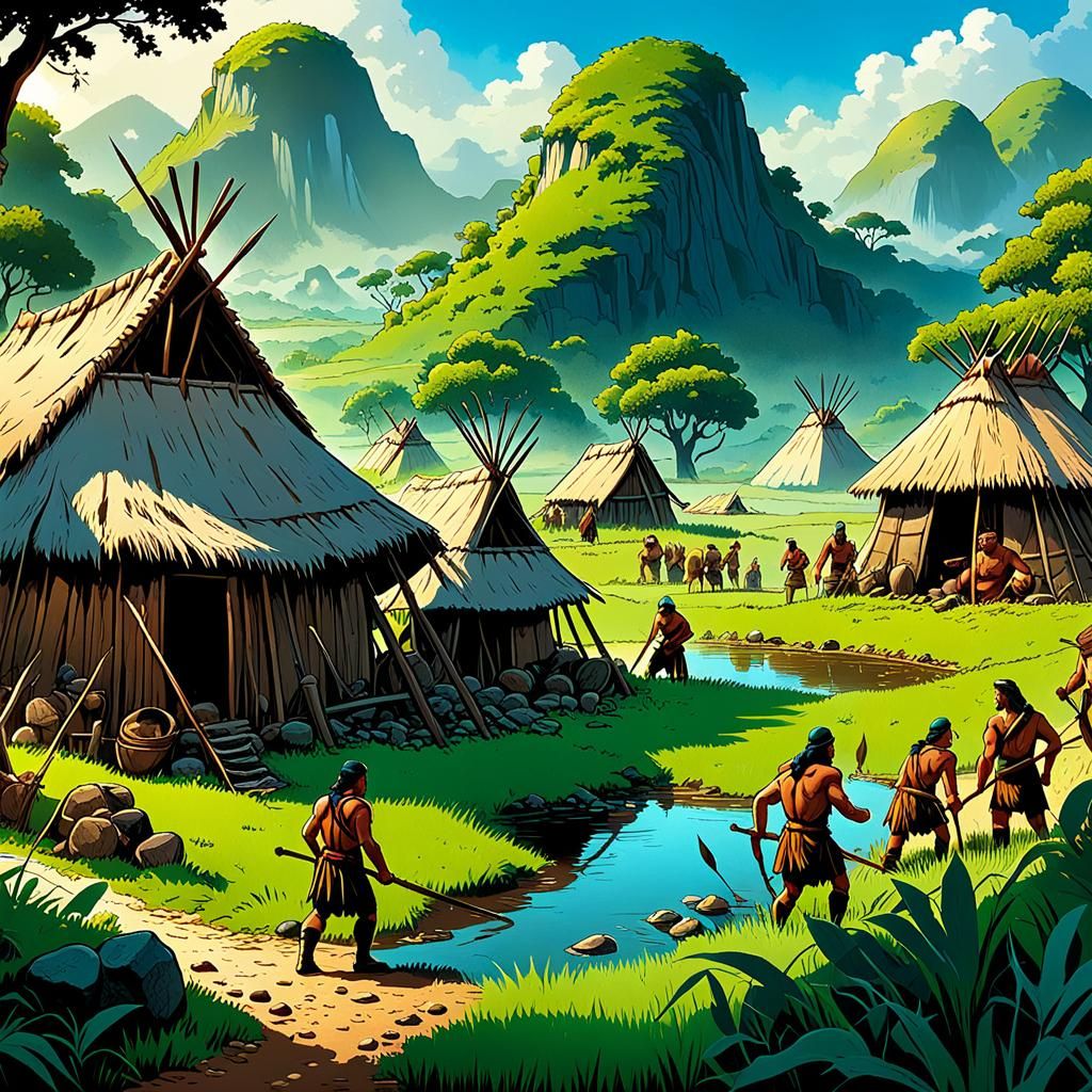 Paleolithic People in Comic Style Illustration