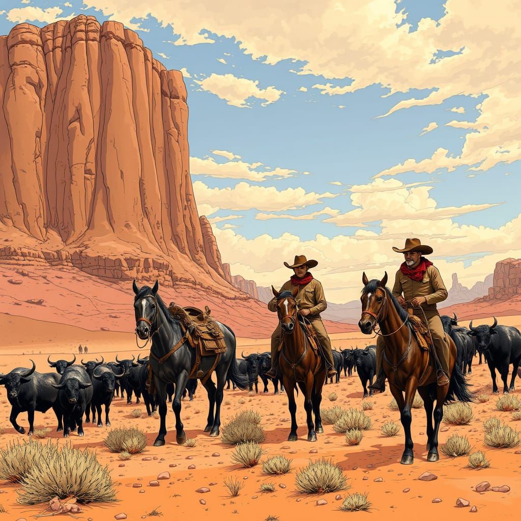 19th Century Cowboys Near Beef Herd in Desert Landscape