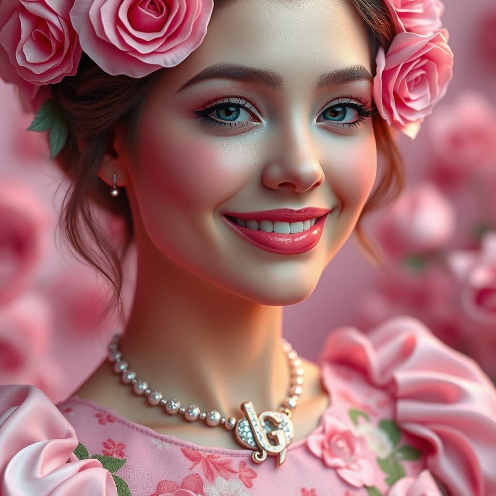 Vibrant Young Woman Adorned with Pastel Roses and Golden Acc...