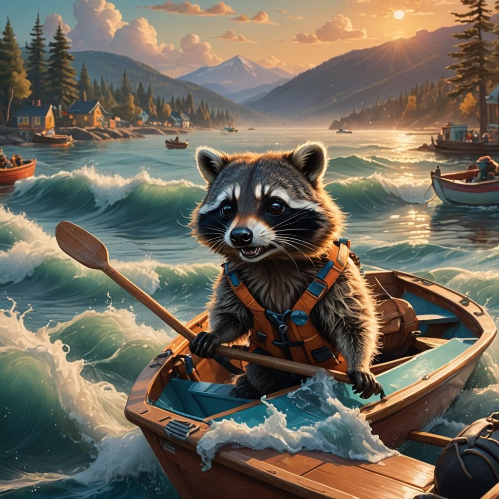 Happy Raccoon Paddling Boat: Hyperrealistic Digital Art
