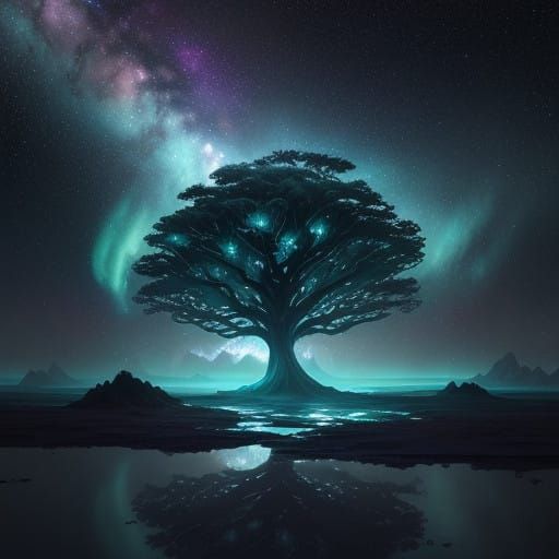Ethereal Tree of Stardust and Oceans Pierces Cosmic Skies