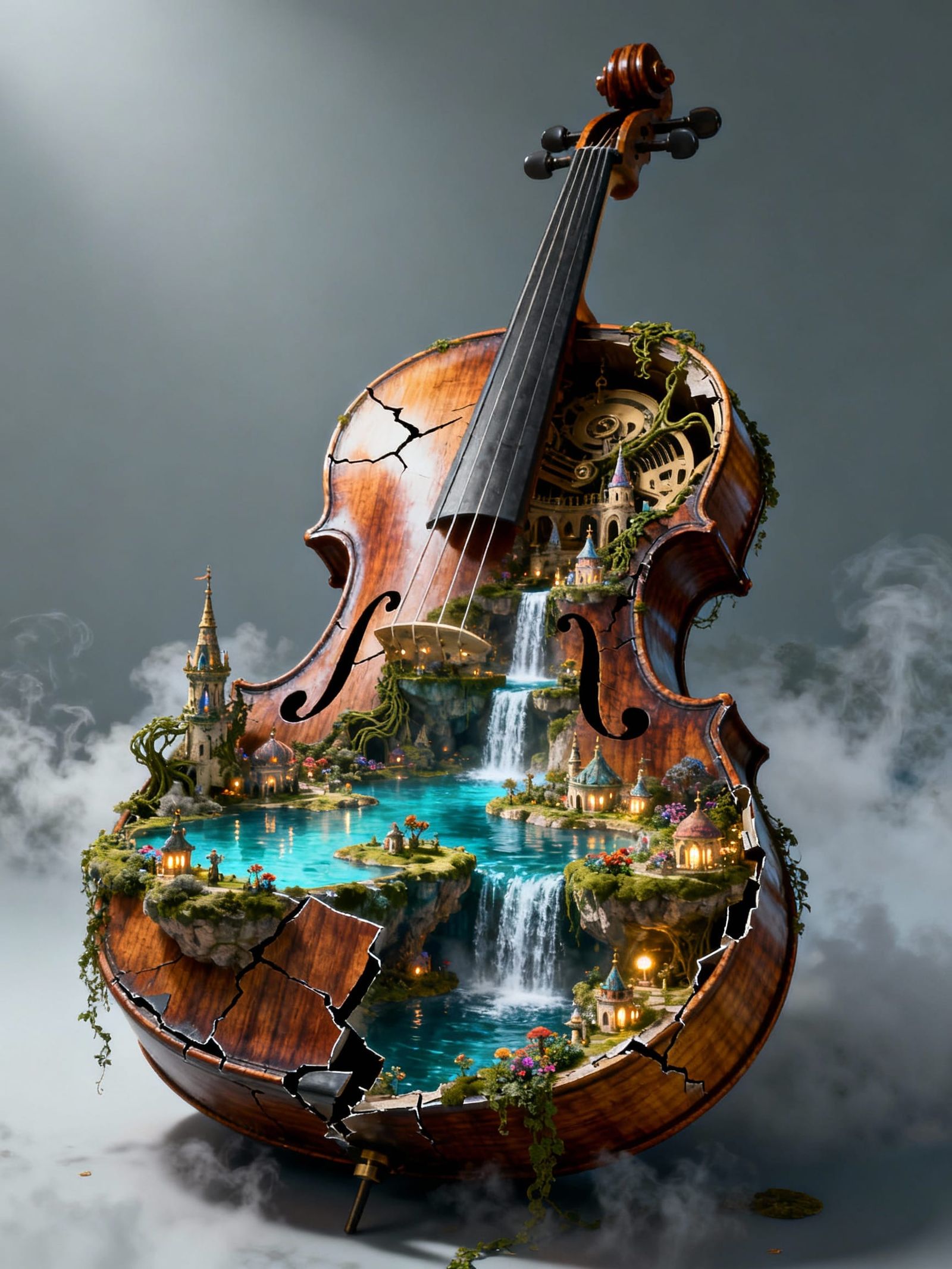 Colossal Broken Cello Housing a Fantasy Wonderland Kingdom