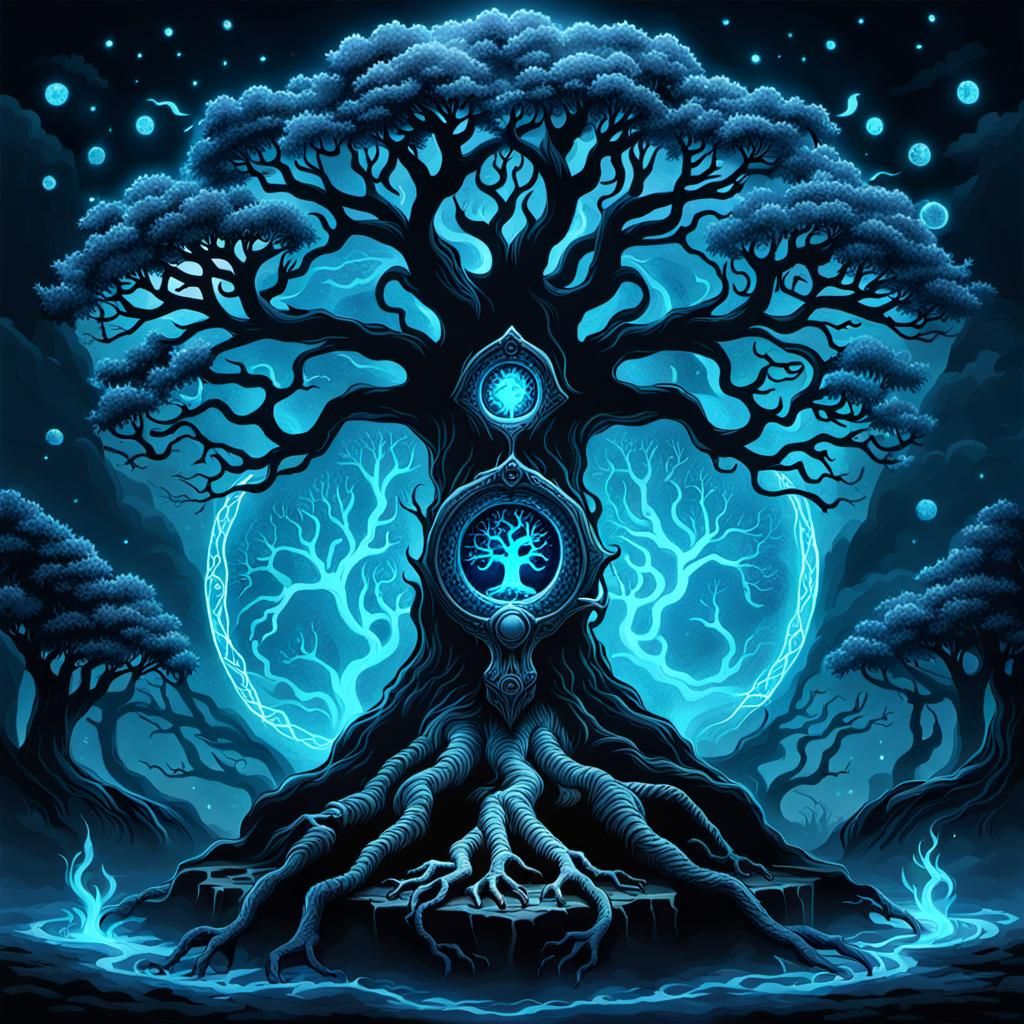 Eerie Glowing Yggdrasil with Necromancer in Blue Tones