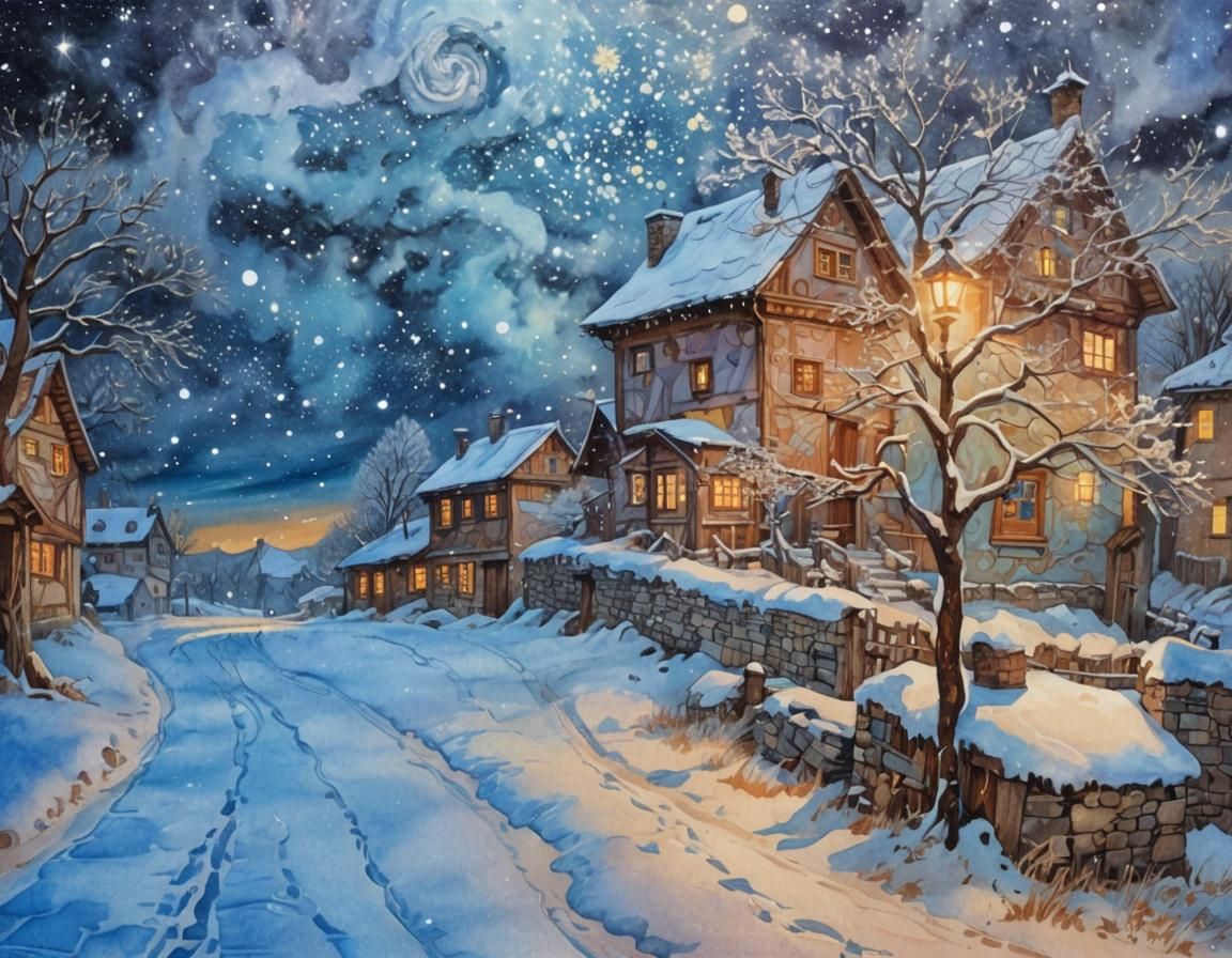 Whimsical Winter Landscape in Comic Book Art Style