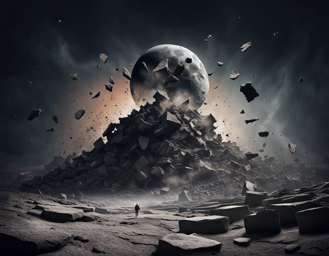 Fractured Moon and Stones in Surreal Landscape