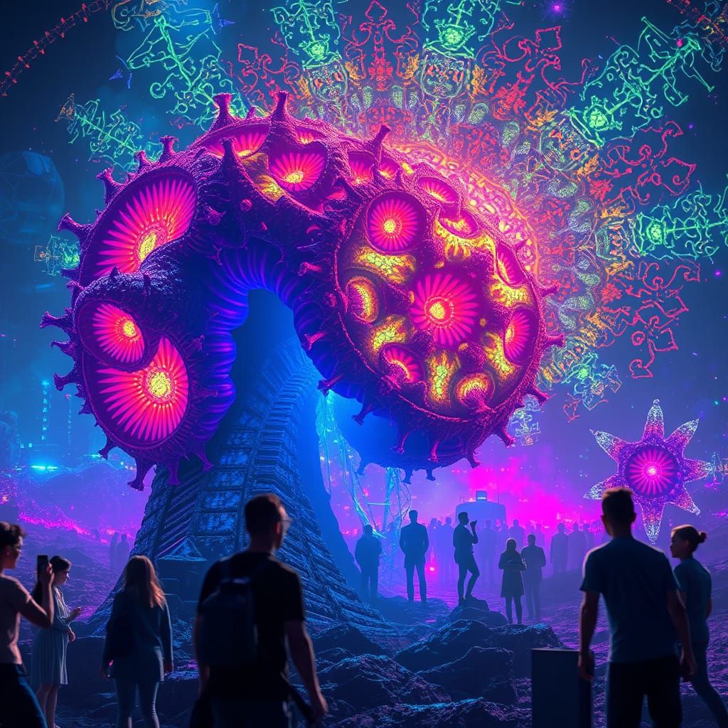 Tardigrade Colony Siphoning Energy in Neon Fractal Style