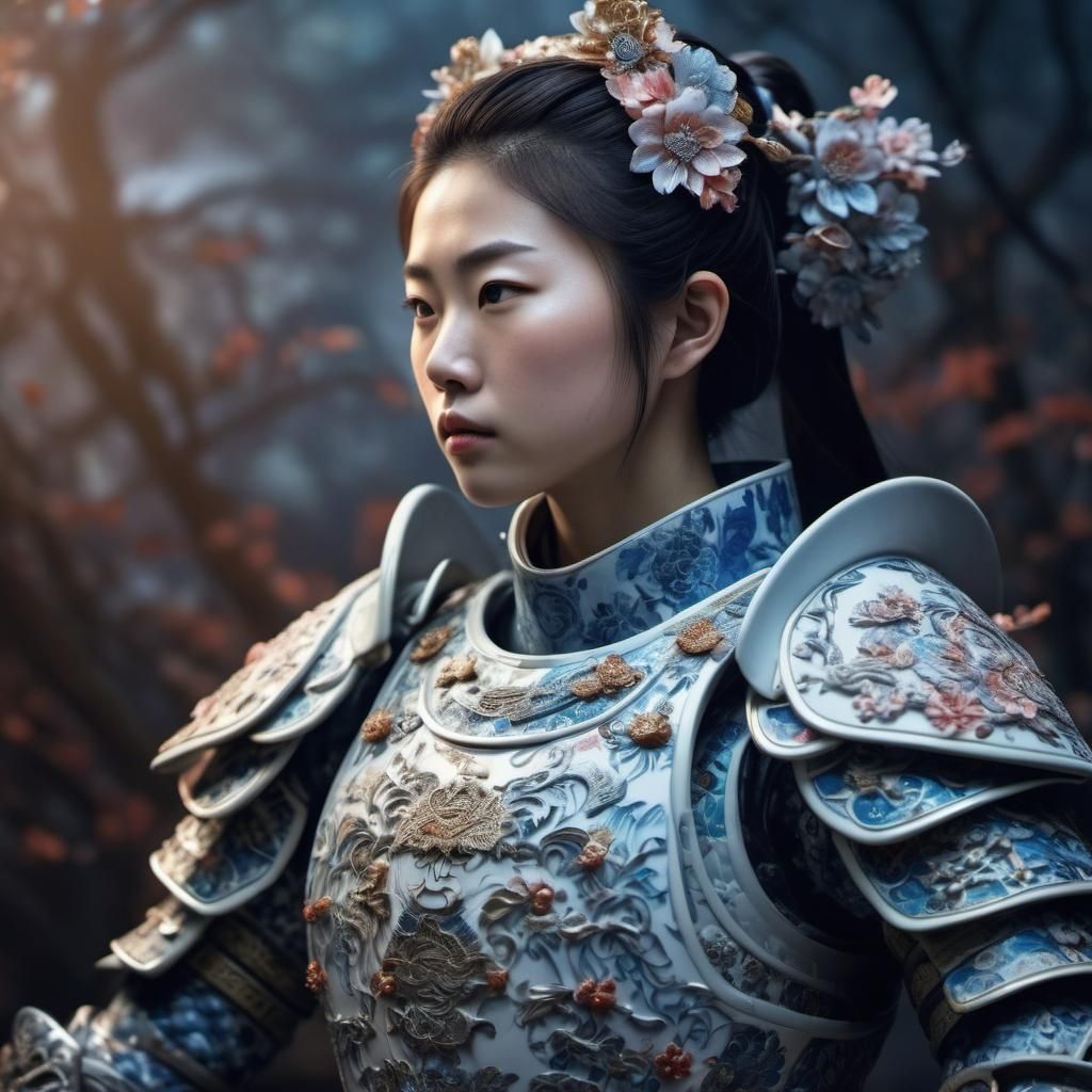 Japanese Porcelain Knight Woman: Hyperdetailed Rendering