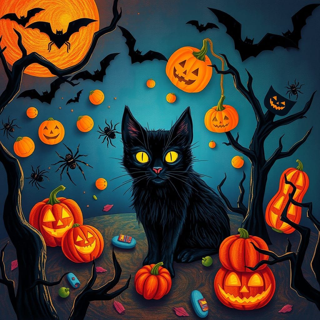 Surreal Halloween Cat in Childlike Crayon Drawing