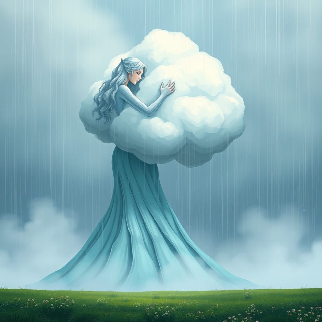 Giant Ice Woman Hugs Cloud, Raining on Field