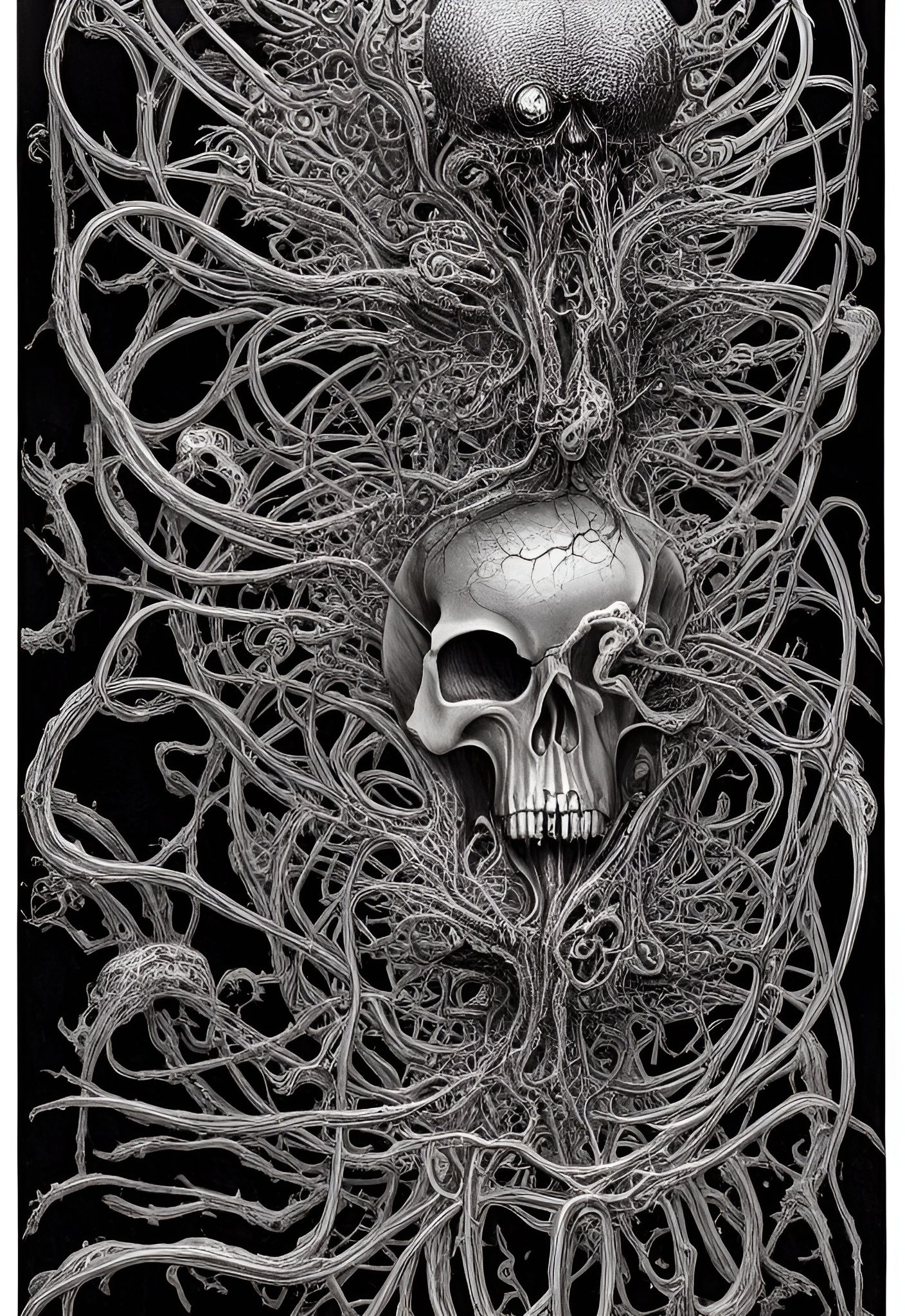 Alien Metal Skull and Nervous System Art