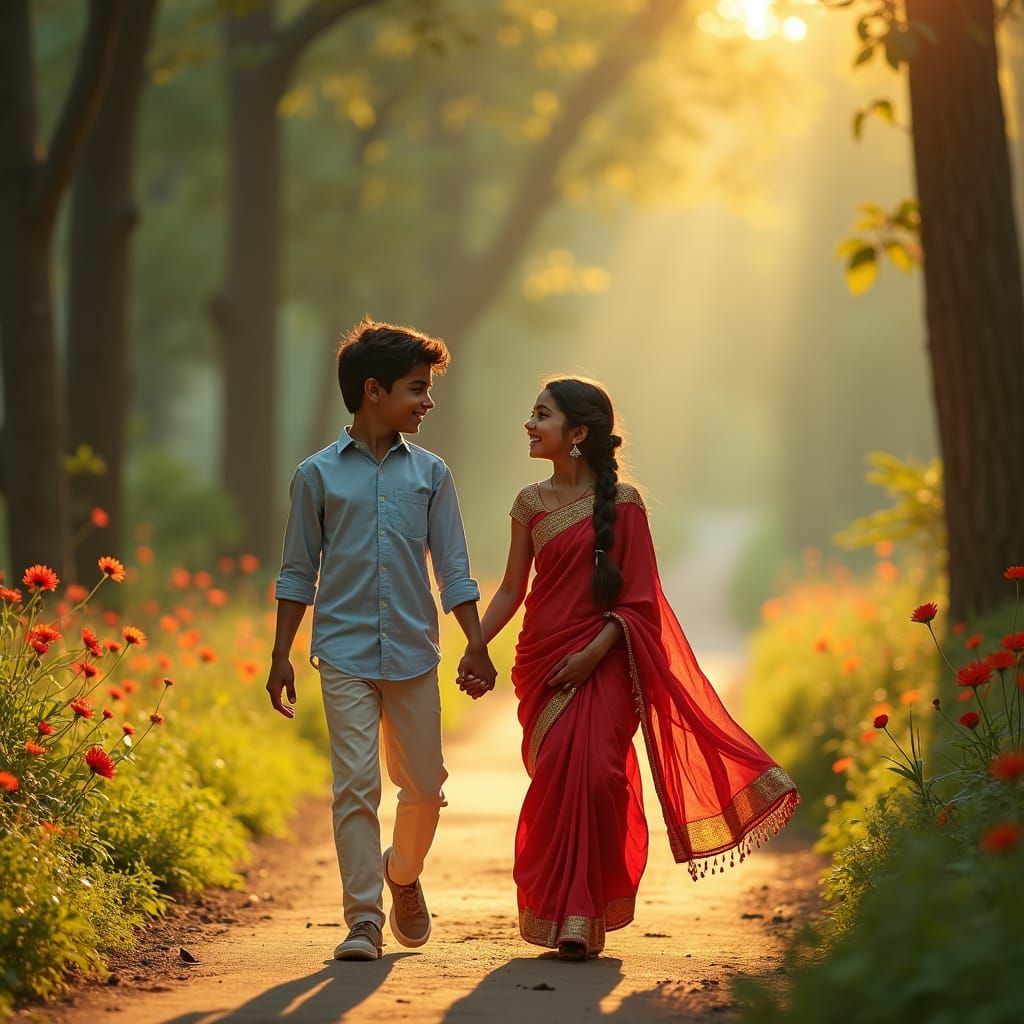 Romantic Couple Strolling Through Golden Forest at Sunset