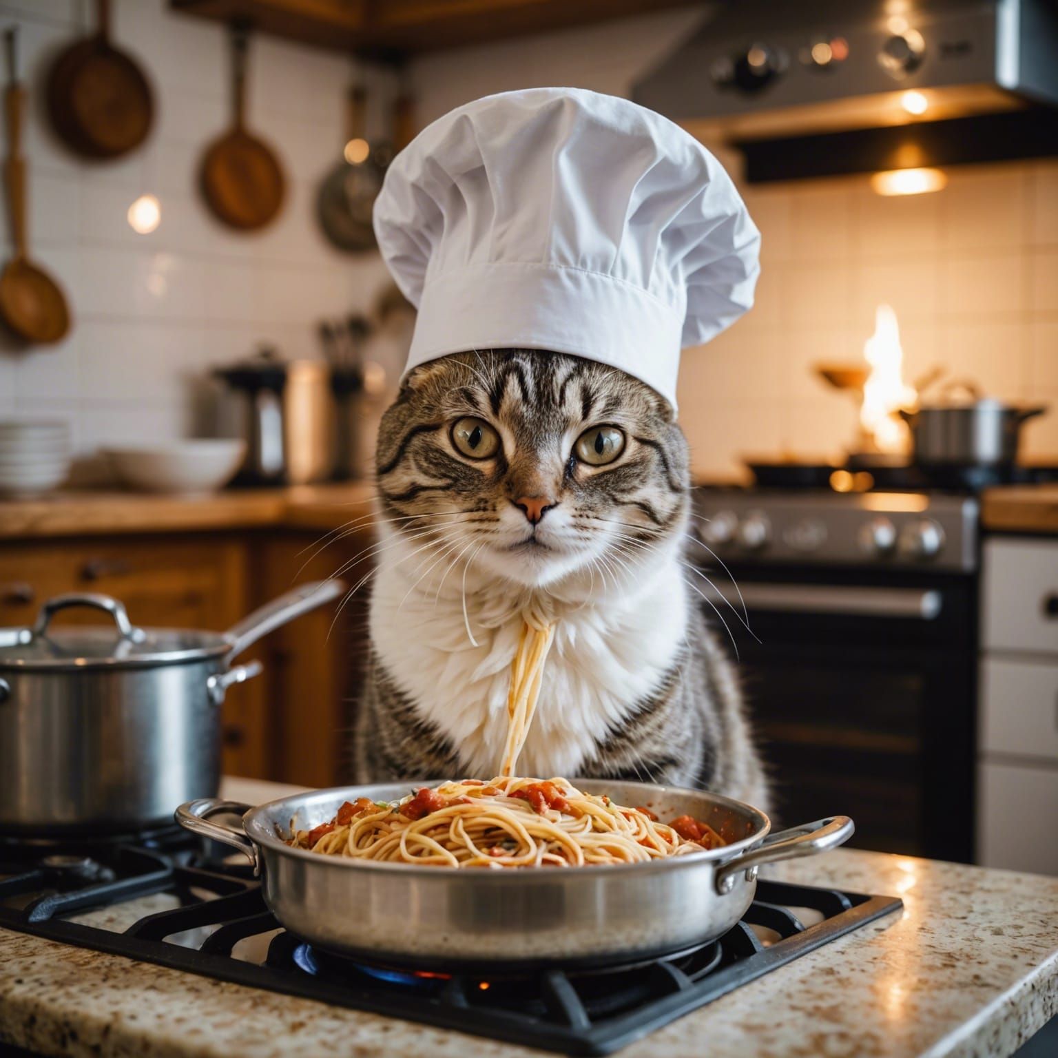 Tabby Cat Chef Cooking Spaghetti