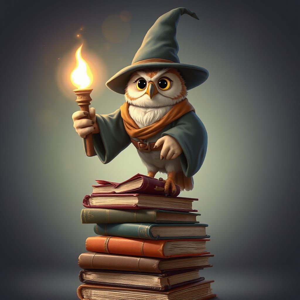 Whimsical Wizard Owl on Ancient Books