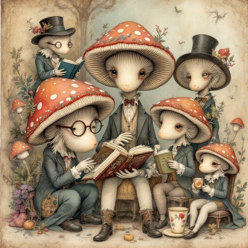 Whimsical Mushroom Society in Victorian Attire