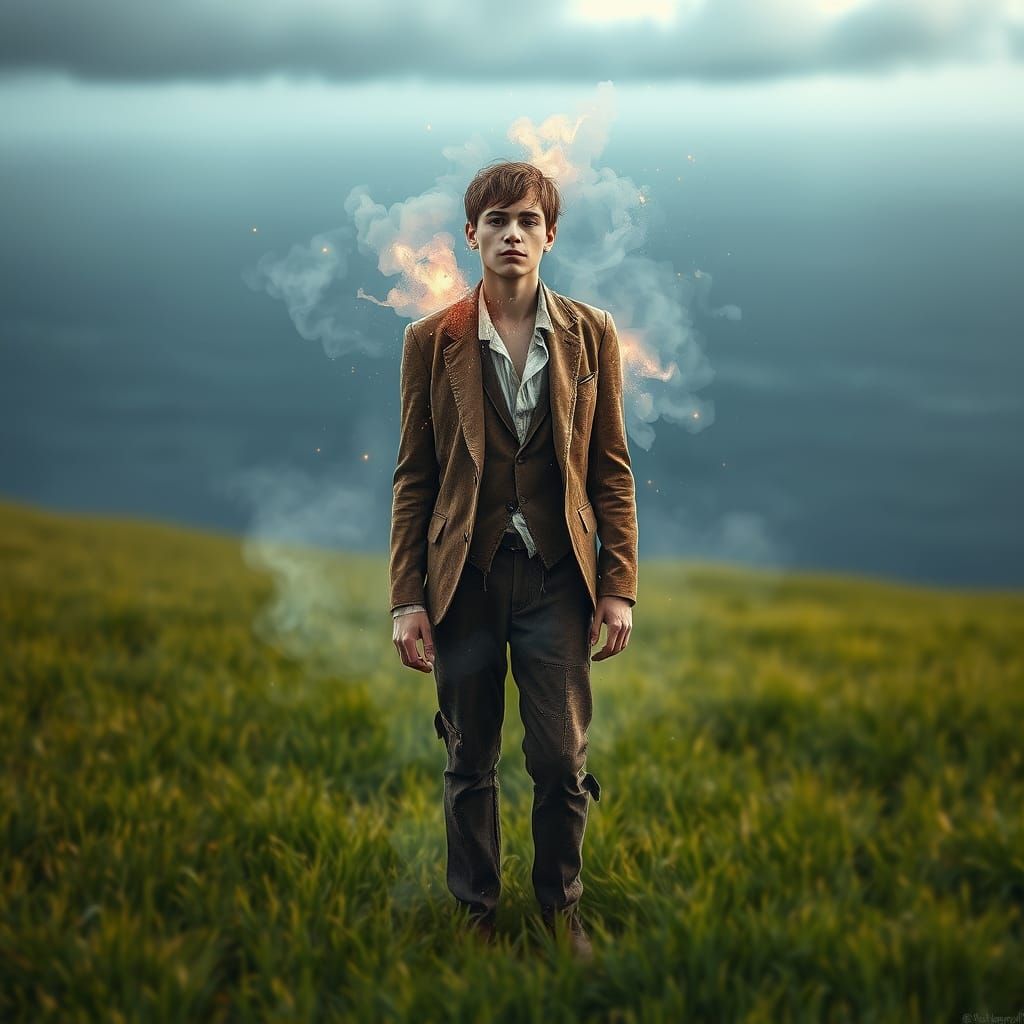 Ethereal Dissolution: Man Breaking Apart at Blue Hour