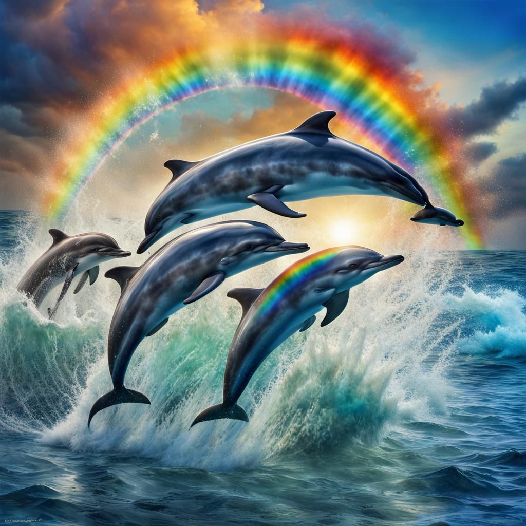 Dolphins Leaping in a Rainbow Ocean