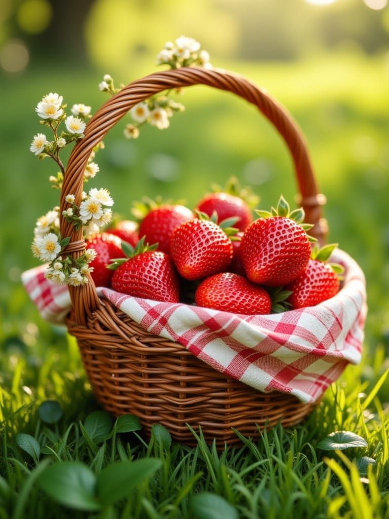 Cross Stitch Strawberries in Basket on Green Grass