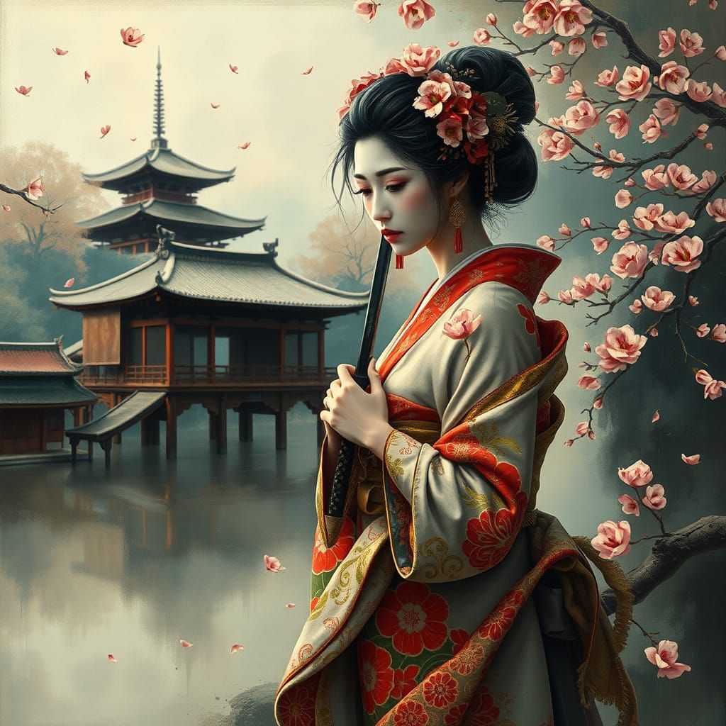 Geisha with Katana in Surreal Impasto Landscape