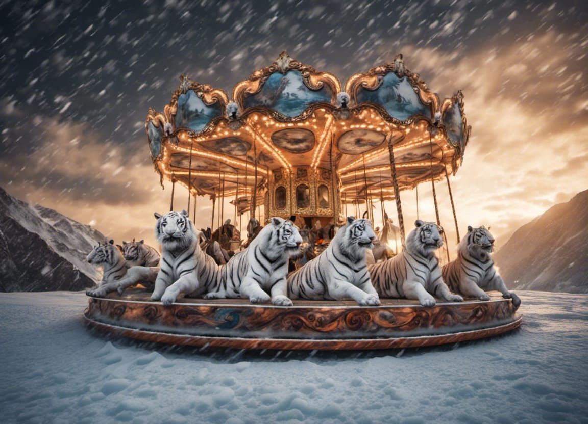 Snowy Venetian Carousel with White Tigers at Sunset
