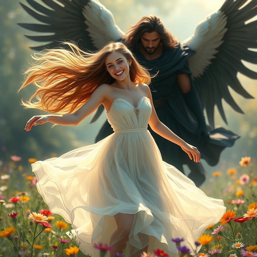 Whimsical Guardian Angel Watches Over Joyful Young Woman in....