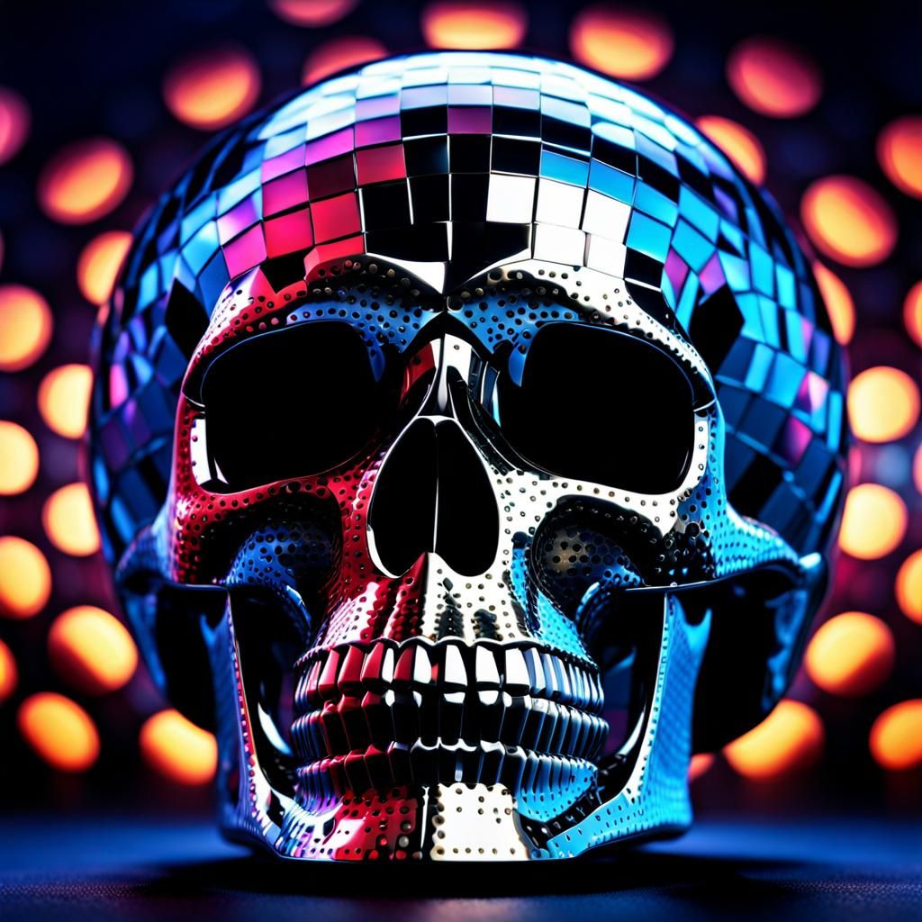 Disco Ball Skull: Mirrored Mosaic Digital Art