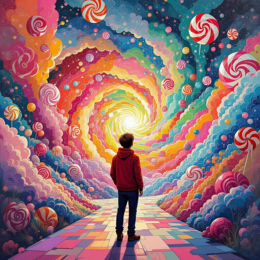 Kaleidoscopic Explosion with Figure in Gouache Style