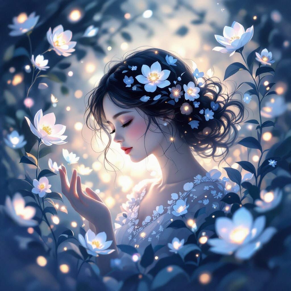 Ethereal Girl Amidst Glowing Floral Petals