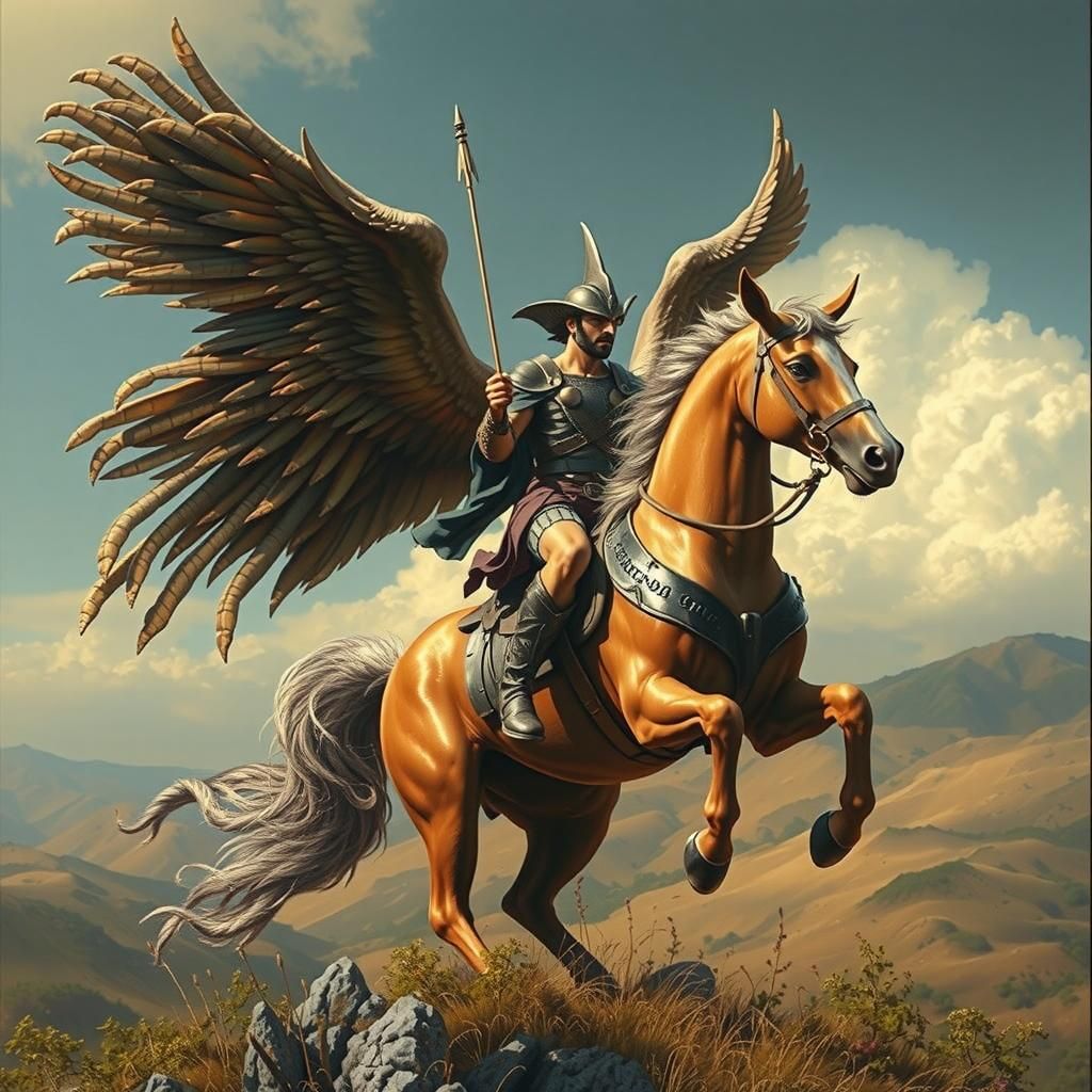 Winged Centaur Horse Rider Portrait in Metal Style