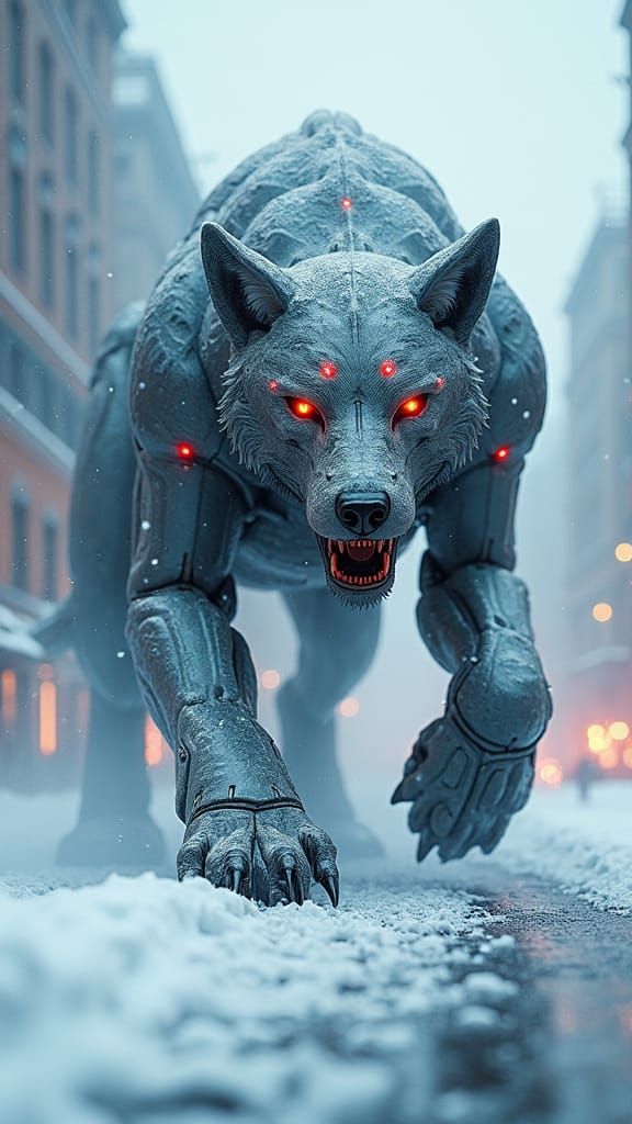 Icy Robotic Wolf in Moscow, High-Concept Art