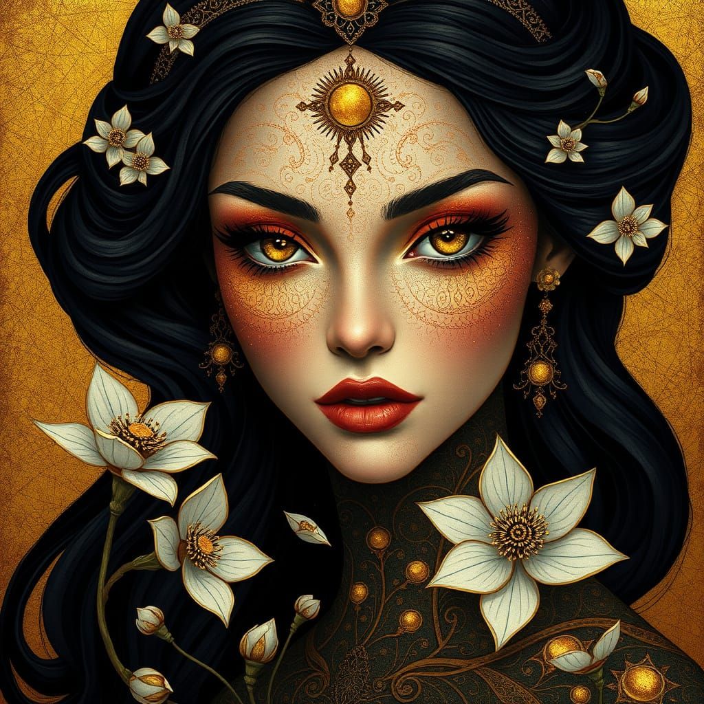 Regal Goddess with Golden Eyes and Cosmic Beauty