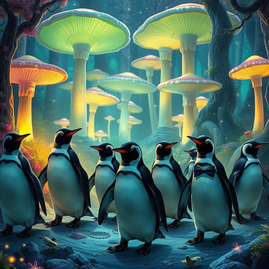 Penguins in a Dreamlike Forest of Iridescent Mushrooms