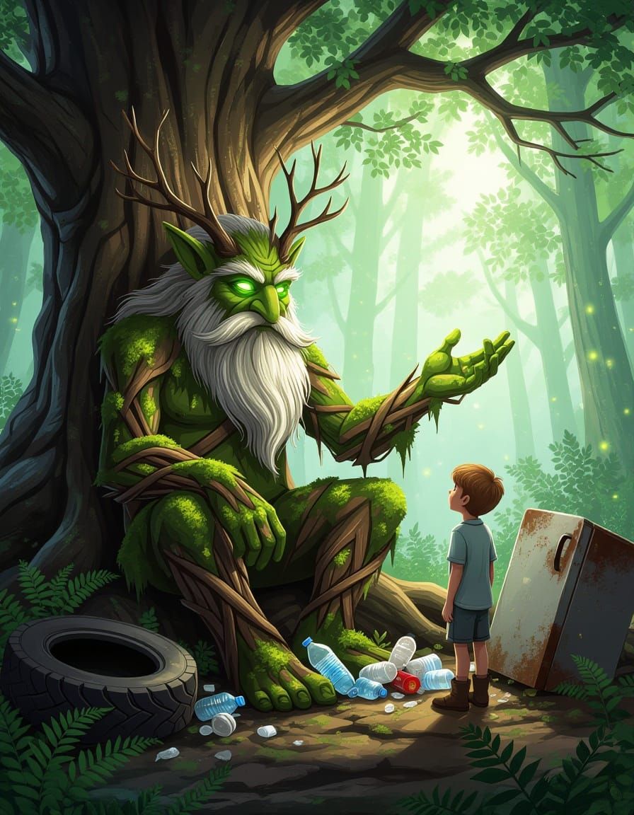 Slavic Forest Spirit Blesses Boy Collecting Trash