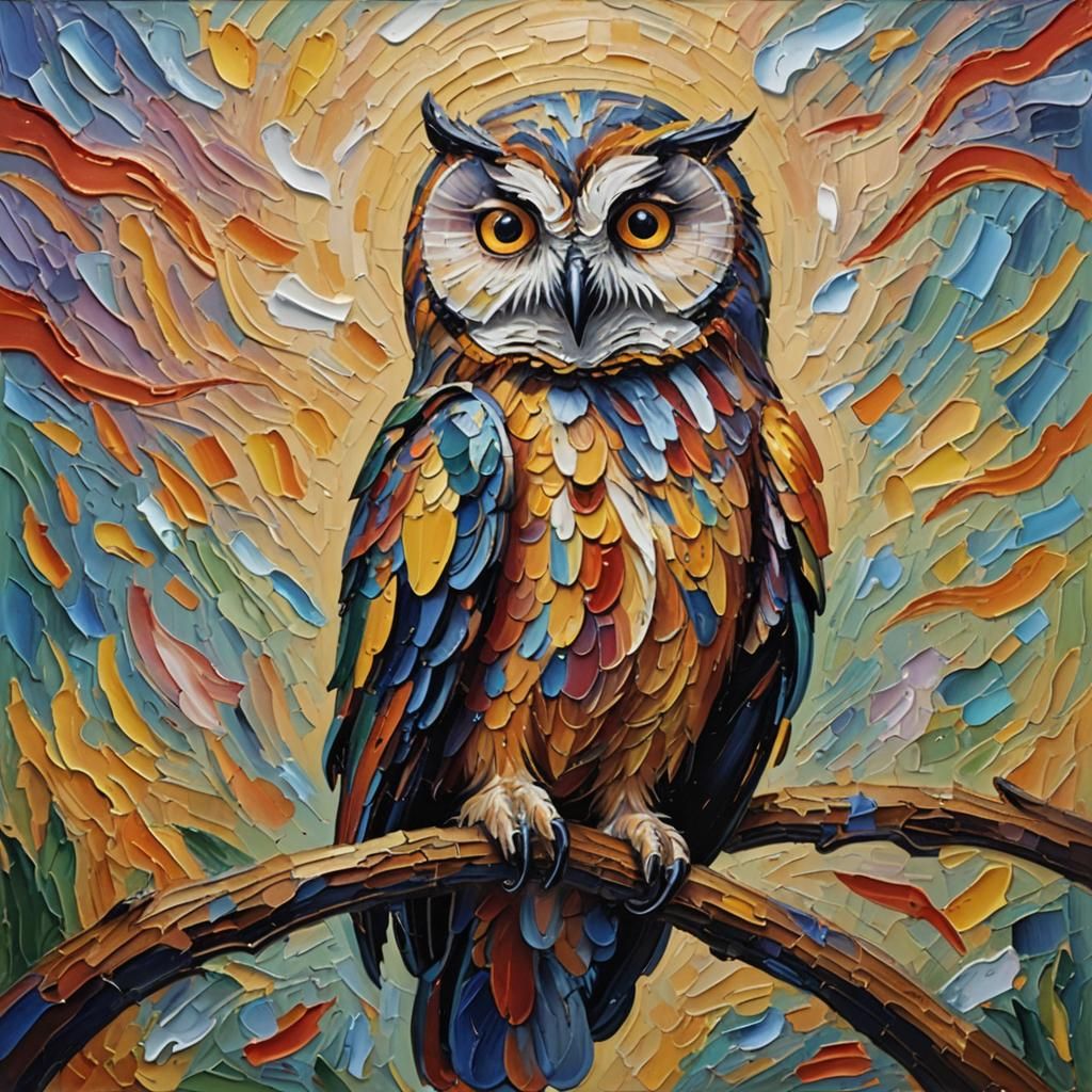 Expressionist Owl in Neo-Impressionist Oil Painting