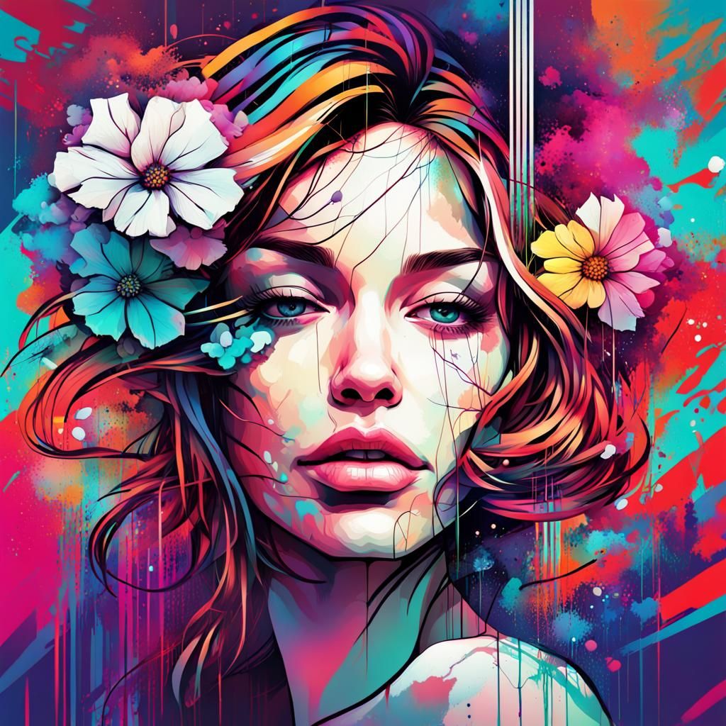Woman with Flowers: Glitch Art in Jewel Tones