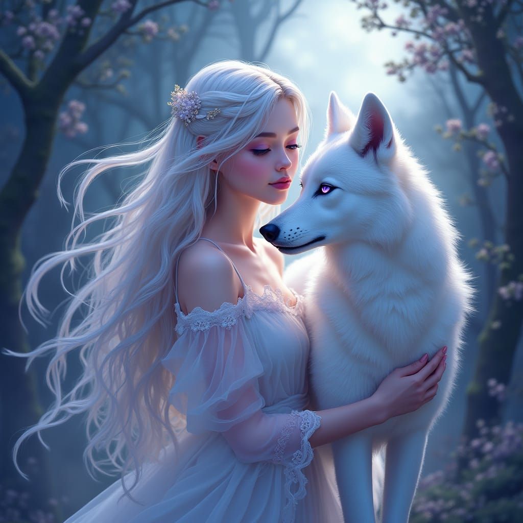 Angel and White Wolf in Moonlit Forest