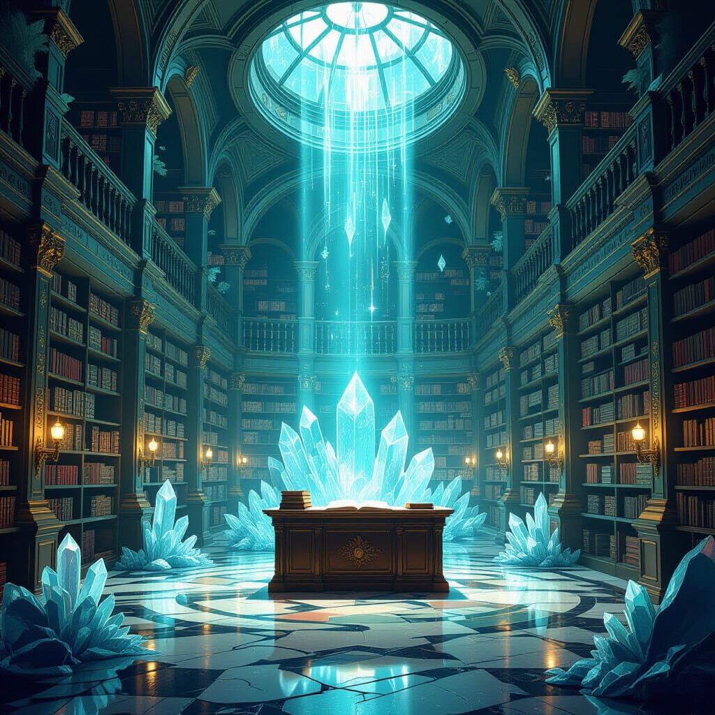 Grand Abandoned Library on Alien Planet with Crystalline Flo...