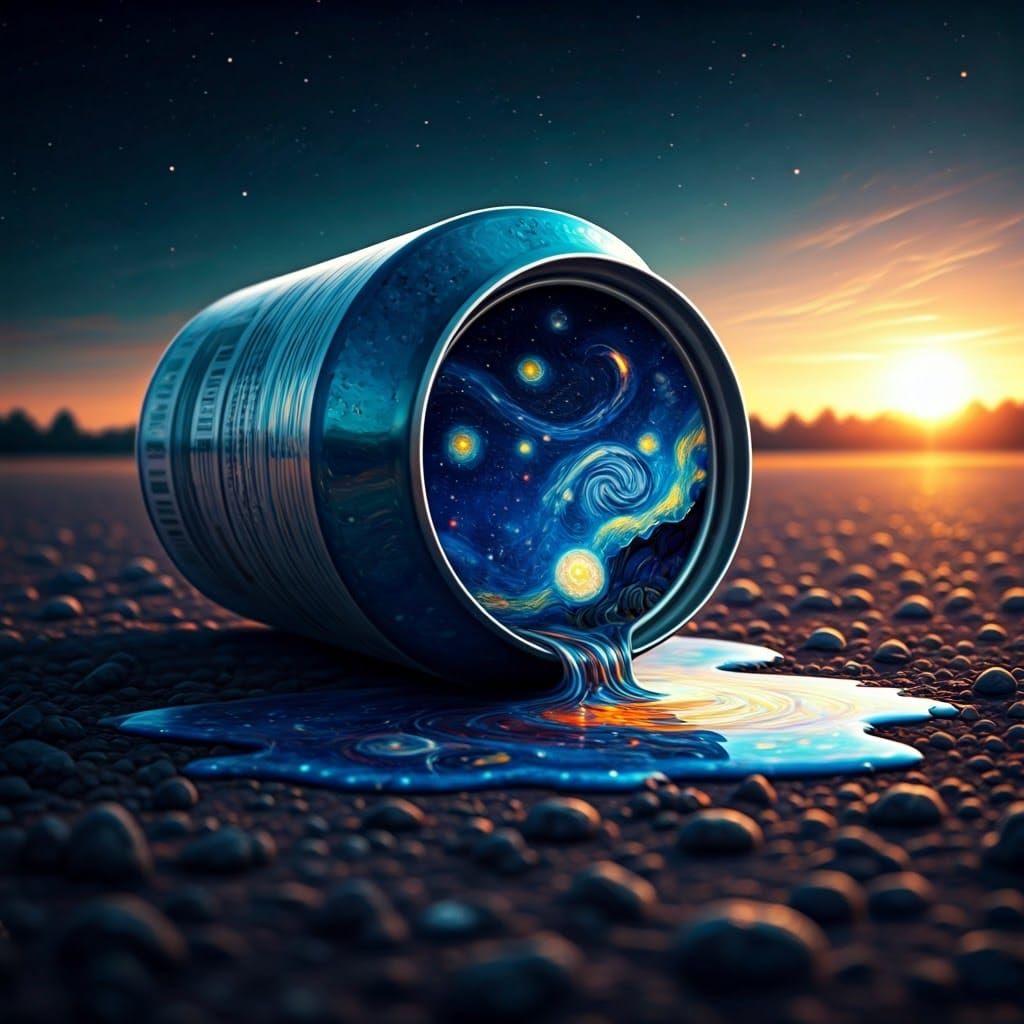 Starry Night Sky Spill: Hyper-Realistic Expressionist Scene