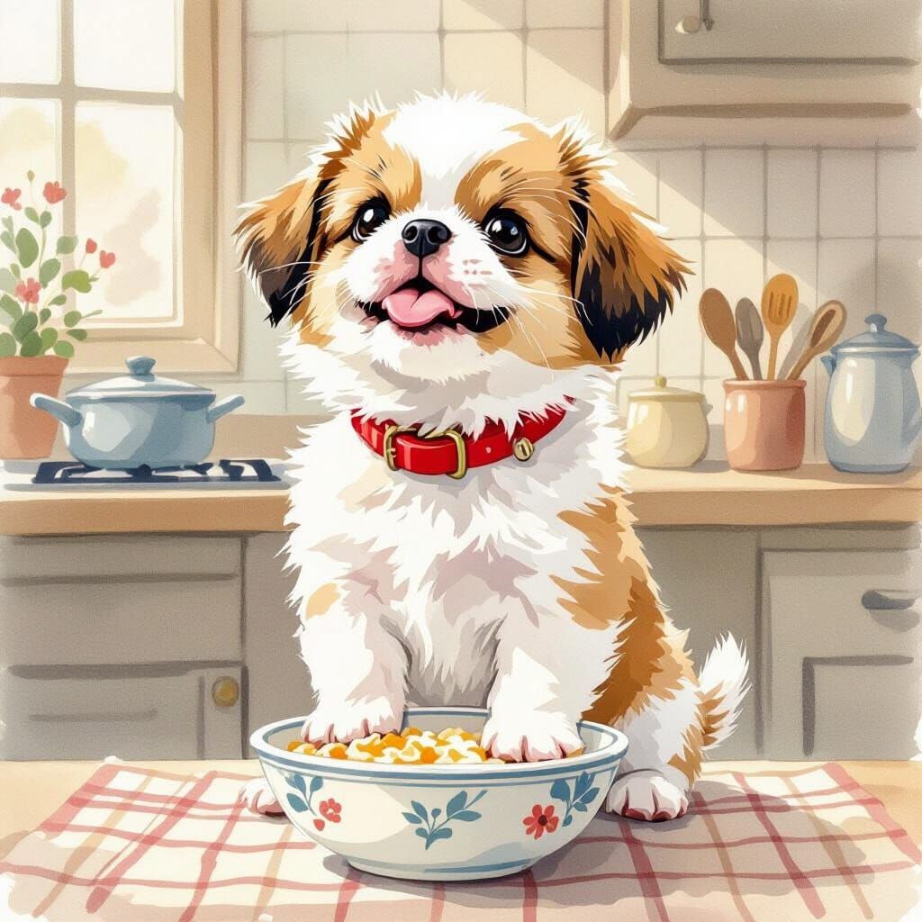 Japanese Chin Puppy Begs in Watercolor Style