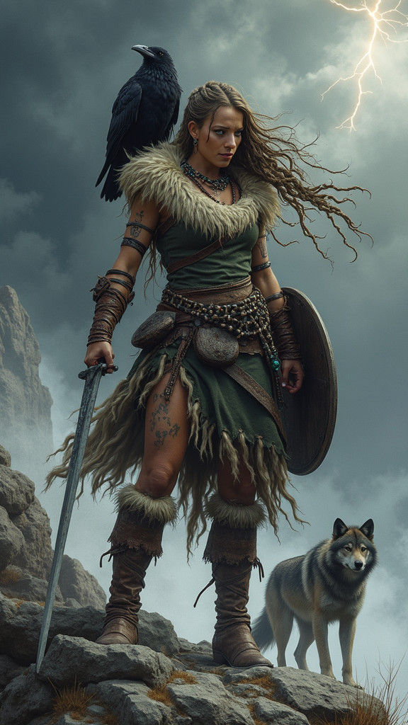 Viking Warrior Woman on Rocky Cliff
