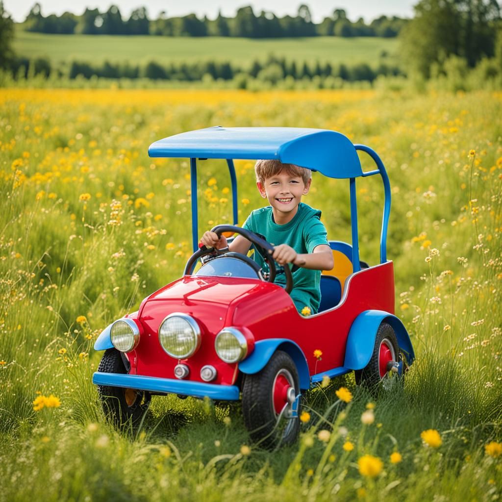Boy in Toy Car Driving in Field