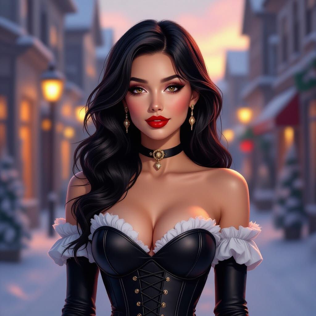 Fantasy Woman in Christmas Street at Sunset