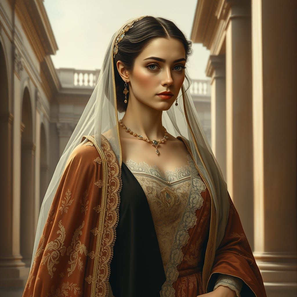 Regal Woman in Elegant Attire Amidst Classical Architecture