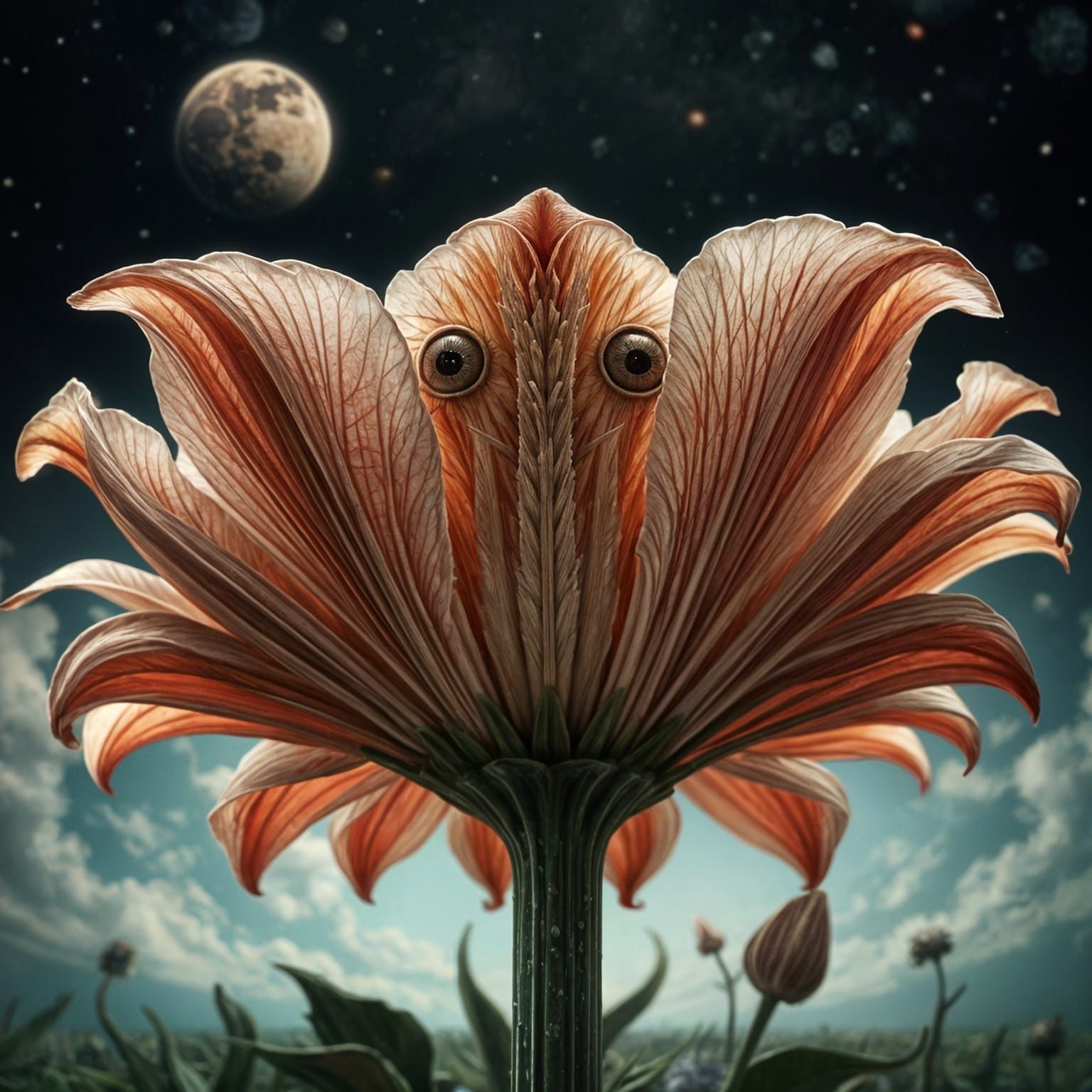 Horror-Themed Mythical Flower in Space, Tim Burton Style