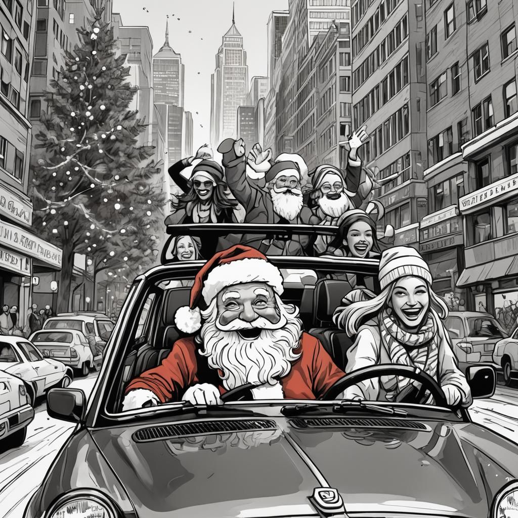 Santa's Joyride: Black and White Ink Illustration