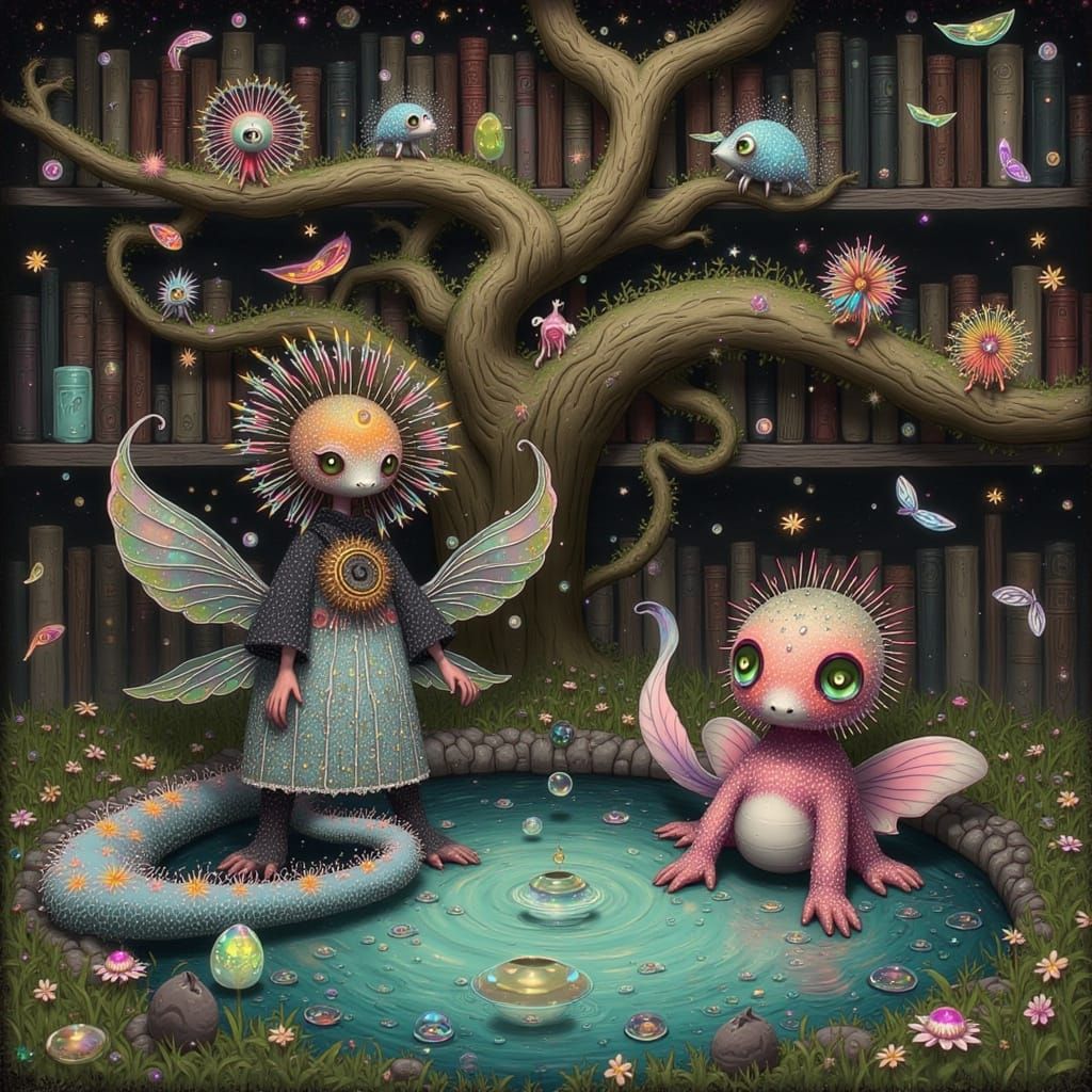 Fantastical Bookshelf Worlds with Whimsical Dragons and Glit...