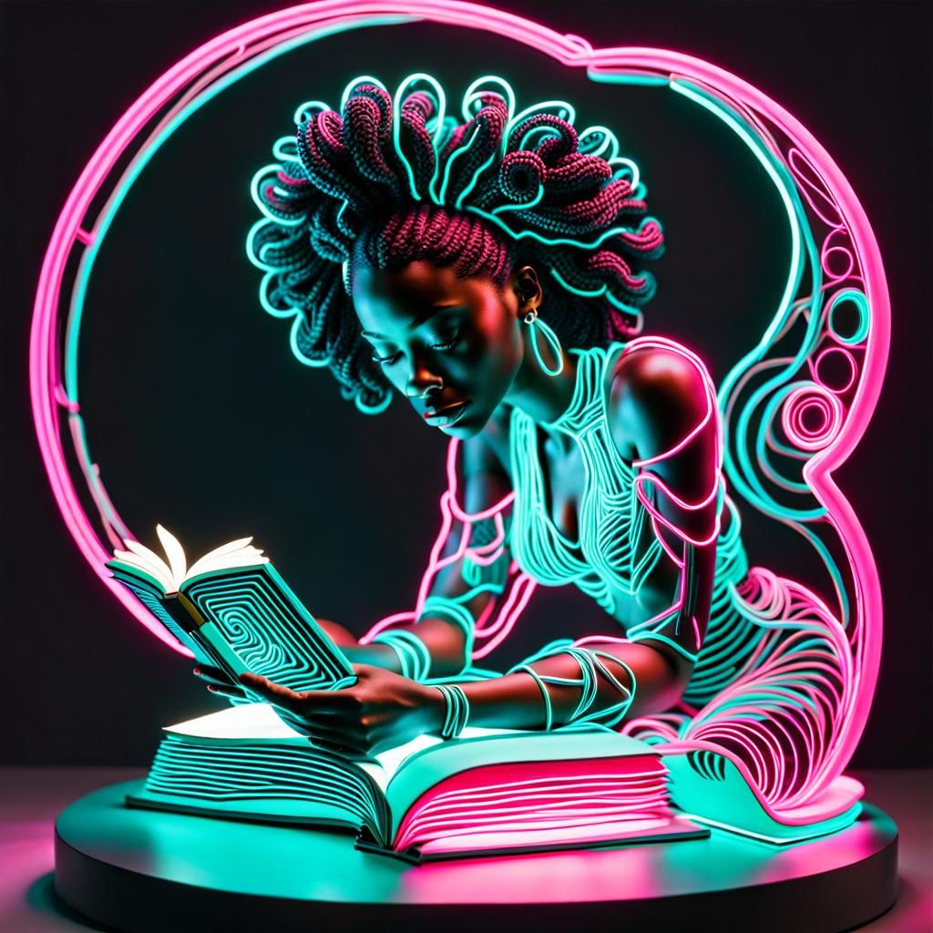 Abstract Neon Sculpture: Woman Reading